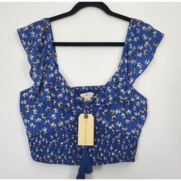 NWT BOG Collective Women's - L - Blue Floral Crop Adjustable Top - Picture 1 of 12